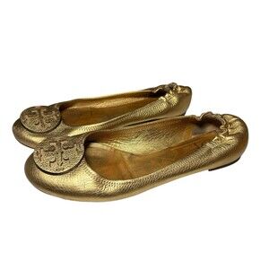Tory Burch Ballet Flats Metallic Gold 10.5M Comfort Designer Almond Toe